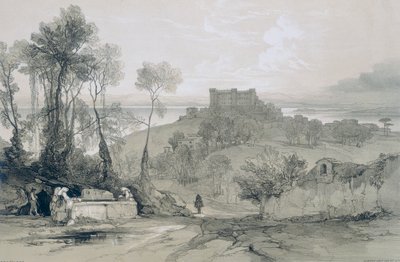 Näkymät Roomassa ja sen ympäristössä: Braccianon linna ja kaupunki samannimisellä järvellä tekijältä Edward Lear