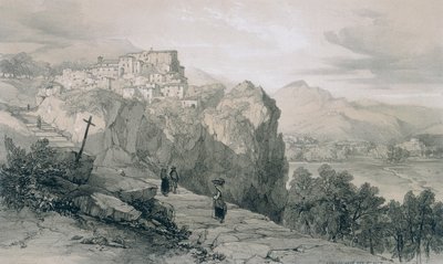 Näkymät Roomassa ja sen ympäristössä: Rocca Giovane ja kaukana Licenses- ja Civitella di Licenses -kaupungit tekijältä Edward Lear
