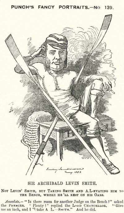 Punch-sarjakuva: Archibald Levin Smith, englantilainen tuomari ja soutu, joka kilpaili University Boat Race -kilpailussa ja Henley Royal Regatta -kilpailussa (kaiverrus) tekijältä Edward Linley (after) Sambourne