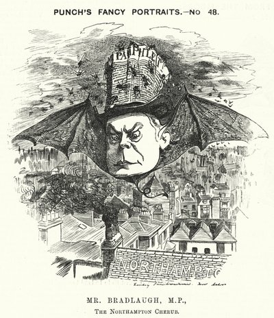 Punch-sarjakuva: Charles Bradlaugh, englantilainen liberaalipoliitikko ja ateisti (kaiverrus) tekijältä Edward Linley (after) Sambourne