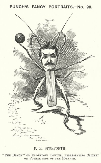 Punch-sarjakuva: Fred Spofforth, australialainen krikettipelaaja (kaiverrus) tekijältä Edward Linley (after) Sambourne