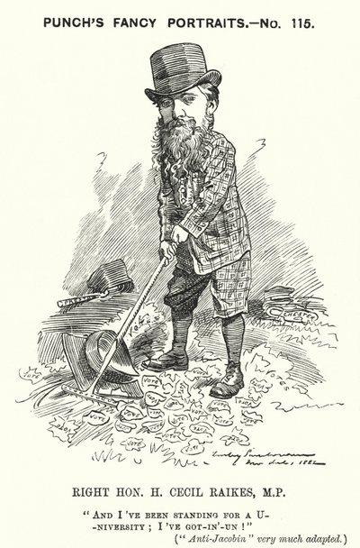 Punch-sarjakuva: Henry Cecil Raikes, englantilainen konservatiivipoliitikko (kaiverrus) tekijältä Edward Linley (after) Sambourne