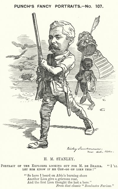 Punch-sarjakuva: Henry Morton Stanley, walesilainen toimittaja ja tutkimusmatkailija (kaiverrus) tekijältä Edward Linley (after) Sambourne