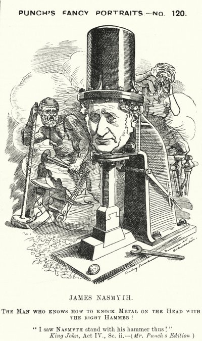 Punch-sarjakuva: James Nasmyth, skotlantilainen insinööri ja höyryvasaran keksijä (kaiverrus) tekijältä Edward Linley (after) Sambourne