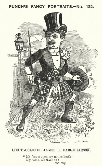 Punch-sarjakuva: James Ross Farquharson, skotlantilainen sotilas (kaiverrus) tekijältä Edward Linley (after) Sambourne