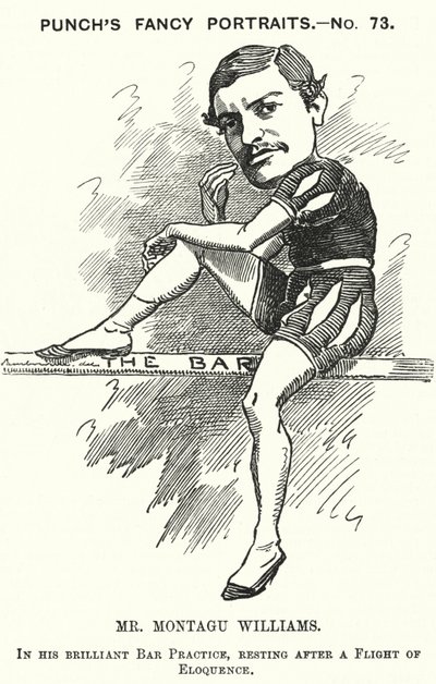 Punch-sarjakuva: Montagu Williams, englannin opettaja, sotilas, näyttelijä, näytelmäkirjailija, asianajaja ja tuomari (kaiverrus) tekijältä Edward Linley (after) Sambourne