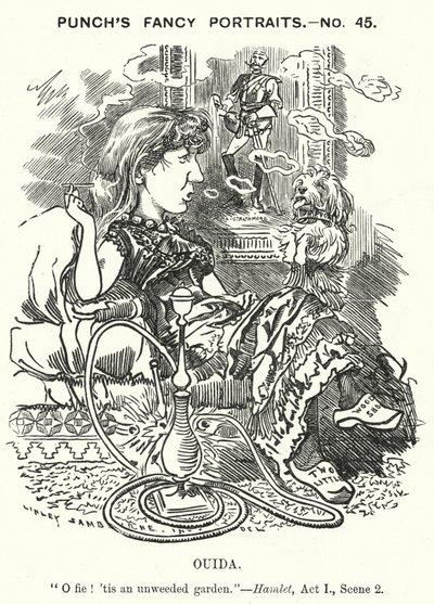 Punch-sarjakuva: Ouida (Maria Louise Rame), englantilainen kirjailija (kaiverrus) tekijältä Edward Linley (after) Sambourne