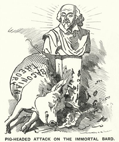 Punch-sarjakuva: Pig-headed Attack on the Immortal Bard - teoria, jonka mukaan William Shakespearen näytelmät ovat itse asiassa Sir Francis Baconin kirjoittamia (kaiverrus) tekijältä Edward Linley (after) Sambourne