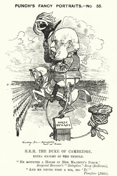 Punch-sarjakuva: Prinssi George, Cambridgen herttua, brittiläinen sotilas (kaiverrus) tekijältä Edward Linley (after) Sambourne