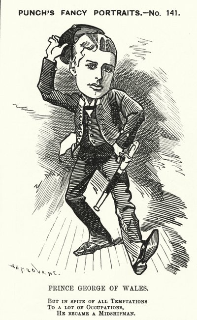 Punch-sarjakuva: Walesin prinssi George, tuleva kuningas George V, kuninkaallisen laivaston keskilaivamiehenä (kaiverrus) tekijältä Edward Linley (after) Sambourne