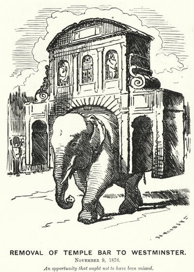 Punch-sarjakuva: Temple Barin poistaminen Westminsteriin (kaiverrus) tekijältä Edward Linley (after) Sambourne