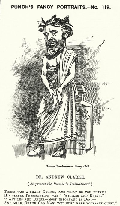 Punch-sarjakuva: Sir Andrew Clarke, brittiläinen lääkäri, William Ewart Gladstonen lääkäri (kaiverrus) tekijältä Edward Linley (after) Sambourne