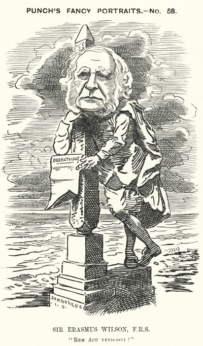 Punch-sarjakuva: Sir Erasmus Wilson, englantilainen kirurgi ja ihotautilääkäri (kaiverrus) tekijältä Edward Linley (after) Sambourne