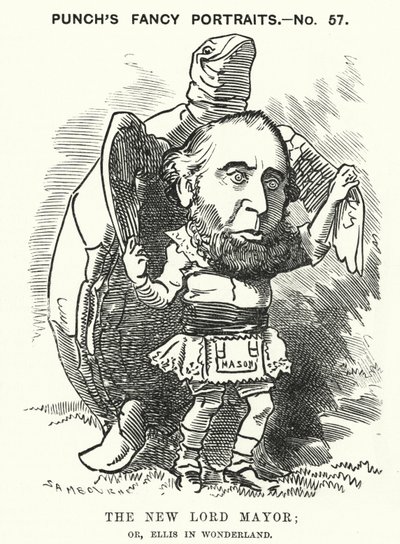 Punch-sarjakuva: Sir John Ellis, Lontoon pormestari vuonna 1881 (kaiverrus) tekijältä Edward Linley (after) Sambourne