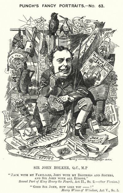 Punch-sarjakuva: Sir John Holker, englantilainen lakimies ja poliitikko (kaiverrus) tekijältä Edward Linley (after) Sambourne