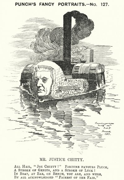 Punch-sarjakuva: Sir Joseph William Chitty, englantilainen tuomari, liberaalipoliitikko ja urheilija (kaiverrus) tekijältä Edward Linley (after) Sambourne