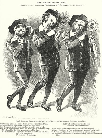 Punch-sarjakuva: The Troublesome Trio: Lord Randolph Churchill, Henry Drummond Wolff ja Ellis Ashmead-Bartlett, brittiläiset konservatiiviset poliitikot (kaiverrus) tekijältä Edward Linley (after) Sambourne