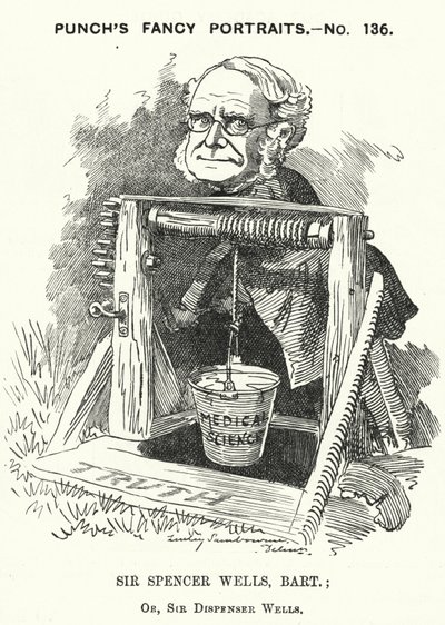 Punch-sarjakuva: Thomas Spencer Wells, englantilainen lääkäri, kuningatar Victorian kirurgi (kaiverrus) tekijältä Edward Linley (after) Sambourne
