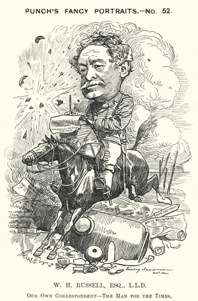 Punch-sarjakuva: William Howard Russell, irlantilainen toimittaja ja sotakirjeenvaihtaja (kaiverrus) tekijältä Edward Linley (after) Sambourne