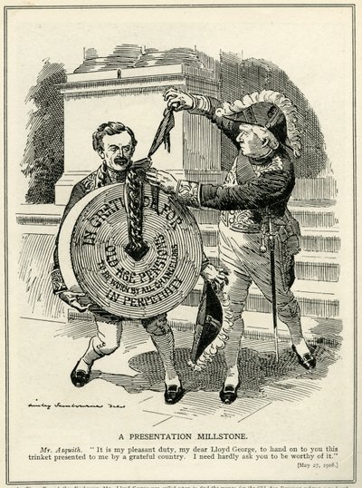 "Esitys Millstone", pääministeri Asquith esittelee valtiovarainministeri Lloyd Georgelle vanhuuseläkejärjestelmän, 1908 tekijältä Edward Linley Sambourne