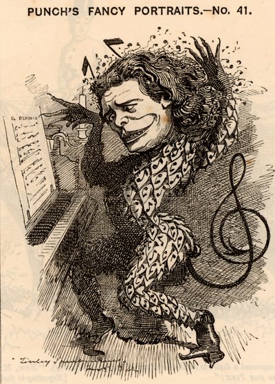 ""Anton Rubinstein (1829-1894) venäläinen pianisti, säveltäjä ja kapellimestari, Pietarin konservatorion perustaja. Lontoon konserttikaudella 1881 hän ansaitsi noin 10 000 puntaa. Yksi hänen sävellyksistään oli ooppera "Demon" (1875). Edwan sarjakuva tekijältä Edward Linley Sambourne