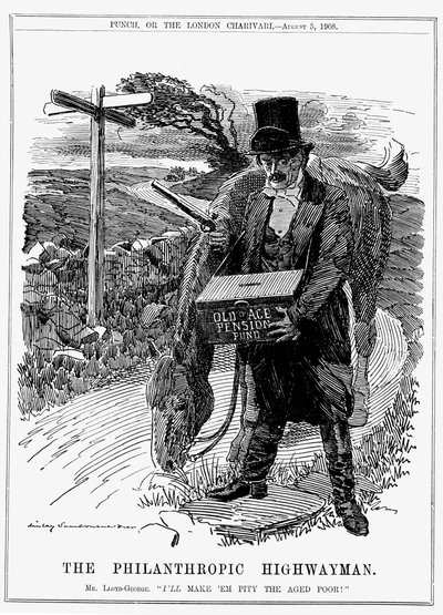 David Lloyd George (1863-1945) walesilaissyntyinen brittiläinen liberaalivaltiomies. Vuonna 1908 valtiovarainministerinä Lloyd George esitteli vanhuuseläkelainsa. Edward Linley Sambournen sarjakuva Punchista Lontoosta elokuussa 1908. tekijältä Edward Linley Sambourne