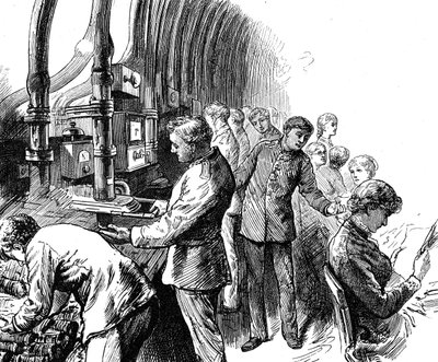 Kaiverrus, joka kuvaa pneumaattista lähetystä, jota General Post Office käytti pakettien kuljettamiseen Lontoon alla. Edward Linley Sambourne (1844-1910) oli englantilainen sarjakuvapiirtäjä ja kuvittaja. Päivätty 1800-luvulta ©UIG/Leemage tekijältä Edward Linley Sambourne