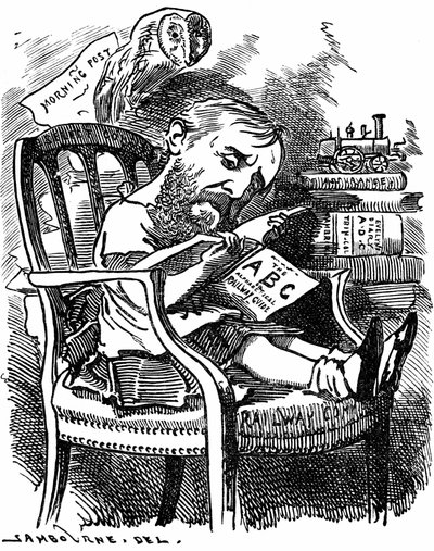 Evelyn Ashley (1836-1907) englantilainen kirjailija ja liberaalipoliitikko: Shaftesburyn seitsemännen jaarlin poika. Edward Linley Sambournen sarjakuva Fancy Portraits -sarjassa Punch Londonista huhtikuussa 1881, kun Ashley oli alisihteeri Board of Tradess tekijältä Edward Linley Sambourne