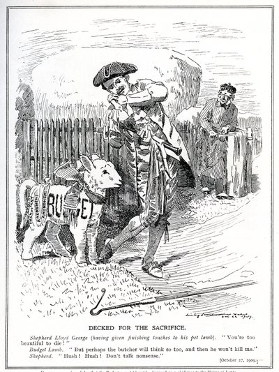 Lloyd George valmistautuu lähettämään "lemmikkikaritsansa", "kansan budjetin", ylähuoneen uhrattavaksi ja tappavaksi, 1909 tekijältä Edward Linley Sambourne