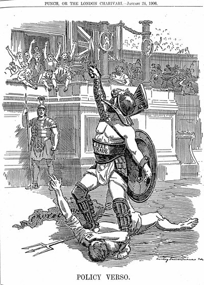 Liberaalihallituksen palattua Britanniaan joulukuussa 1905 vapaakauppa oli pikemminkin kuin konservatiivinen tullitariffin suojelupolitiikka. Edward Linley Sambournen sarjakuva Punch Londonista 24. tammikuuta 1906 tekijältä Edward Linley Sambourne