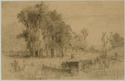 Maisema, soutuvene ja lehmät (nro 57) C. 1880 (grafiitti paperille) tekijältä Edward Mitchell Bannister