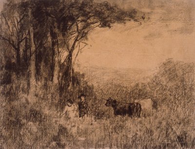 Maisema, jossa lehmiä ja hahmoja liikkuu laitumella tekijältä Edward Mitchell Bannister