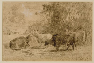 Maisema neljän lehmän kanssa, c. 1880-luku (hiili paperilla) tekijältä Edward Mitchell Bannister