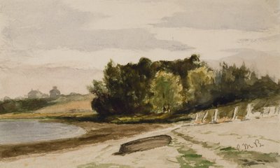 Maisema Log on the Beachin kanssa (#40), c. 1880 (akvarelli paperille) tekijältä Edward Mitchell Bannister