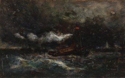 Squall, Brenton Light (vene myrskyssä, taustalla majakka) tekijältä Edward Mitchell Bannister