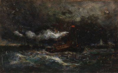Squall, Brenton Light vene myrskyssä, majakka taustalla, n.d. tekijältä Edward Mitchell Bannister