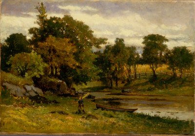 Nimetön (maisema, vene kiinnittynyt puroon, mies kävelee etualalla) tekijältä Edward Mitchell Bannister