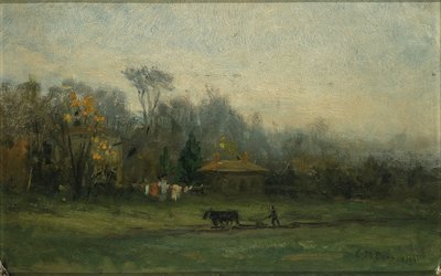 Nimetön (maisema, jossa mies kyntää peltoja) tekijältä Edward Mitchell Bannister