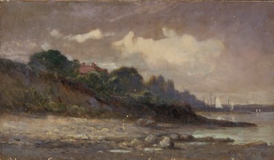 Nimetön (rantaviiva, purjeveneitä ja katto) tekijältä Edward Mitchell Bannister