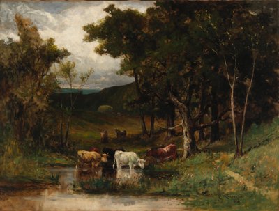 Nimetön maisema, jossa lehmiä purossa puiden lähellä, 1882. tekijältä Edward Mitchell Bannister