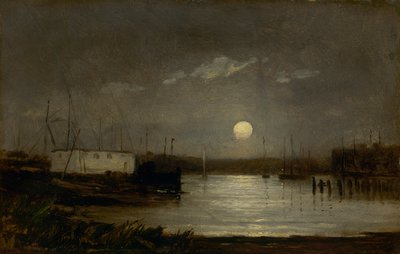 Nimetön kuu sataman yllä, laiturimaisema täysikuulla ja veneen mastot, n. 1868. tekijältä Edward Mitchell Bannister