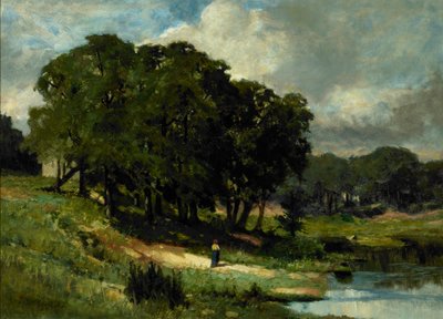 Nainen seisoo lähellä lampia tekijältä Edward Mitchell Bannister