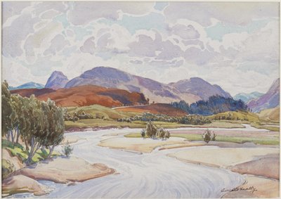 On the Spey (kynä ja akvarelli paperille) tekijältä Edward Mossforth Neatby