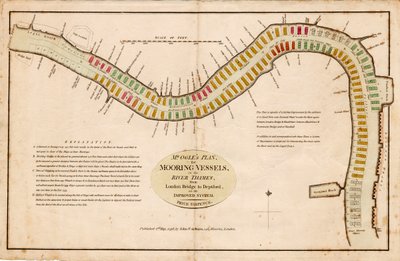 Mr Oglen suunnitelma alusten kiinnittämiseksi Thames-jokeen London Bridgeltä Deptfordiin parannetulla järjestelmällä. tekijältä Edward Ogle