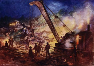 Nosturi hylyn poistamisessa rautatieonnettomuuspaikalta (värilitho) tekijältä Edward Parick Kinsella