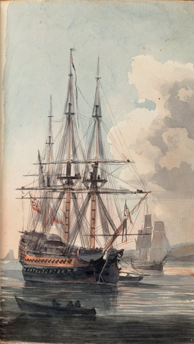 Näkymä Hänen Majesteettinsa laivasta Inflexible, 1800-luvun alku (akvarelli). tekijältä Edward Pelham Brenton