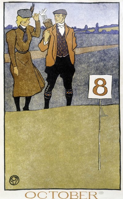 Pariskunta pelaa golfia - Edward Penfieldin "" Golf Calendar" -kirjassa, toim. 1899 tekijältä Edward Penfield