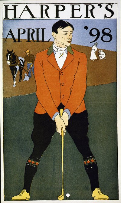 Harperin huhtikuu 1898 Mies etualalla pelaamassa golfia. (juliste): väri. Kirjailija Edward Penfield 1866-1925, taiteilija. tekijältä Edward Penfield