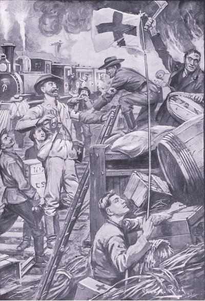 Väärä ambulanssimies tuhoaa Komati Foortin kauppoja Punaisen Ristin lipun alla, kuva Pretorian jälkeen: Sissisota, 1902 tekijältä Edward Read