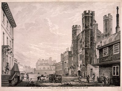 St Jamesin portti, joka johtaa St Jamesin palatsiin Lontoossa, 1766 tekijältä Edward Rooker